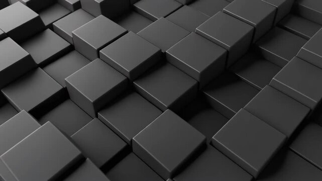 Abstract 3D background of matte black cubes in a staggered geometric pattern with elegant shadows.