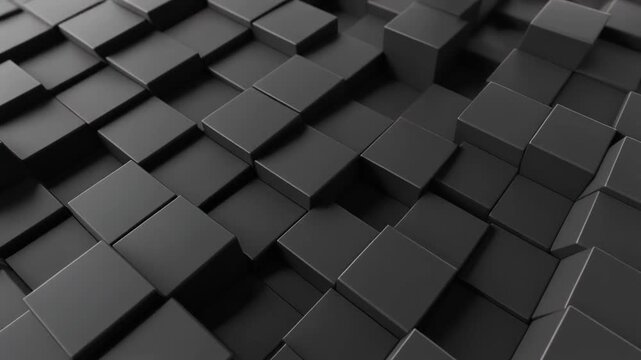 Abstract 3D background of matte black cubes in a staggered geometric pattern with elegant shadows.
