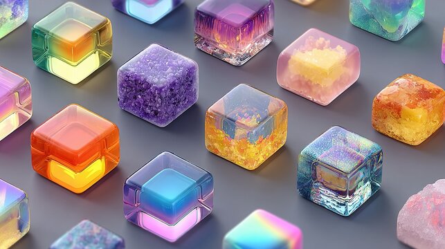 Colorful translucent cubes arranged on a surface creating an abstract geometric pattern.