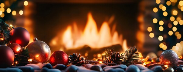 Christmas ornaments, pine cones, and string lights adding festive cheer and creating a cozy atmosphere by a glowing fireplace