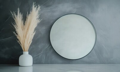 Contemporary bathroom interior featuring a round mirror, pampas grass in a white vase, and dark marble wall accent