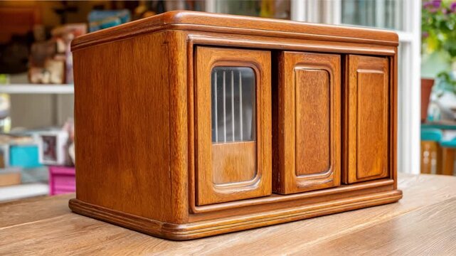 Medium shot of a sturdy wooden sewing machine cover with sliding panels showcasing smooth movement and secure protection against dust in a cozy sewing room.