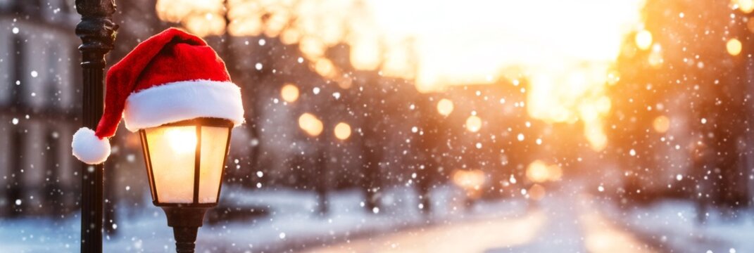 Santa hat resting on a lit street lamp in a snowy winter landscape during sunset, creating a festive holiday atmosphere