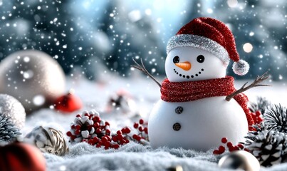 Fototapeta premium Snowman standing on fresh snow covered ground, wearing a red hat and scarf, surrounded by festive ornaments and falling snow