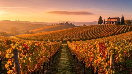 Picturesque Vineyard Landscape at Sunset in Tuscany, Italy.