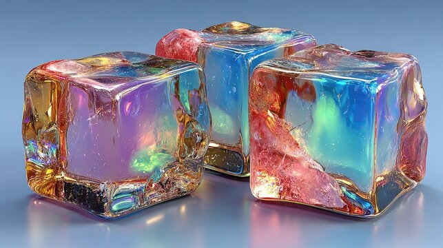 Three colorful ice cubes on a light blue surface close up.