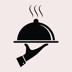 Served Food Platter Vector Icon: Hand Holding Cloche, Restaurant Service, and Steaming Hot Meal Graphic