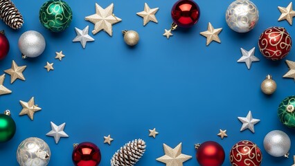 Vibrant Christmas border with colorful baubles, stars, and pine cones on a blue background, holiday copy space.