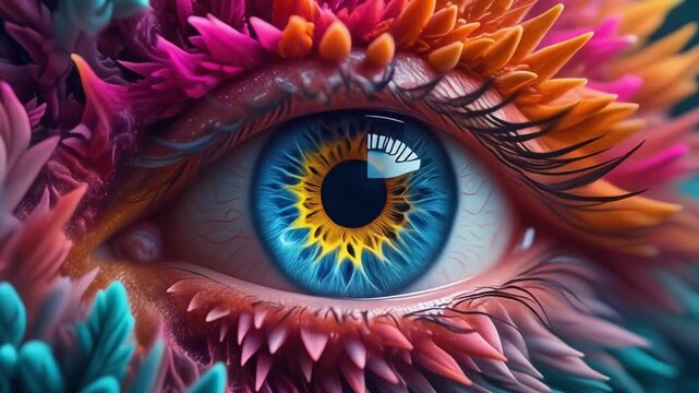 Surreal close-up of a human eye with vibrant colorful feathers and spiked textures, fantasy digital art concept.