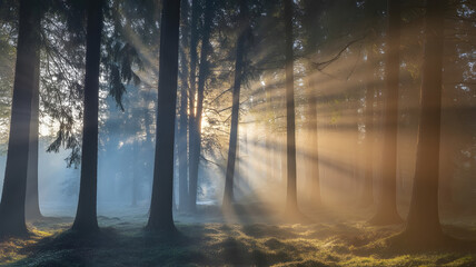 Sunlight streaming through trees in a misty forest creating a serene and ethereal atmosphere view