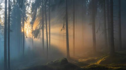 Sunlight through trees in a misty forest creating a warm and ethereal atmosphere in nature scene