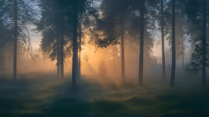 Sunlight filtering through trees in a misty forest creating a serene and ethereal atmosphere scene