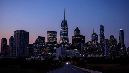 Urban skyline at dusk with illuminated skyscrapers