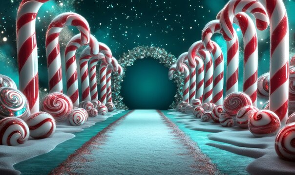 Sweet red and white candy canes lining a snowy path towards a glittery arch, creating a festive holiday wonderland