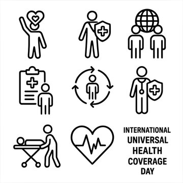 A comprehensive collection of outline (line art) icons centered around the theme of Universal Health Coverage (UHC) and healthcare access.