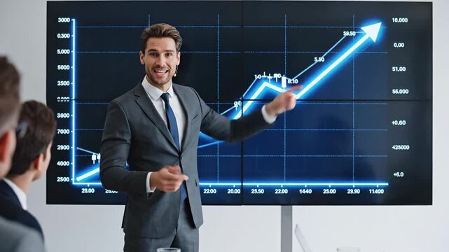 Business professional presenting upward trending financial growth chart on large screen in conference room