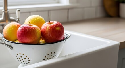 Fresh red and yellow apples with water droplets in a white colander over a kitchen sink for a healthy eating concept and home cooking preparation