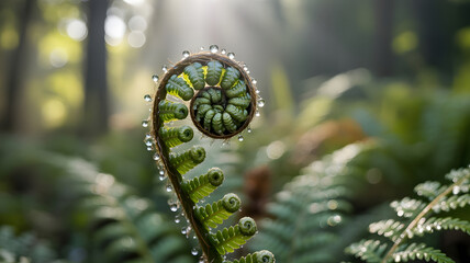 Close up of a fern frond unfurling with water droplets in a lush green forest environment