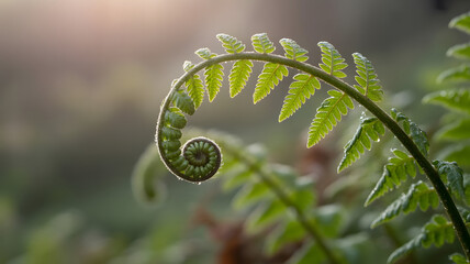 Close up of a curled fern frond with small leaves against a blurred green and brown background