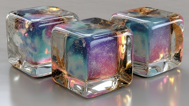 Three translucent cubes with colorful internal reflections on a neutral surface.