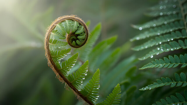 Close up of a fern frond unfurling with water droplets in a natural green environment outdoors