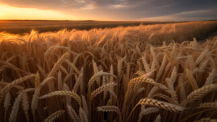 A field of golden wheat at sunset with a cloudy sky and a distant horizon in a rural environment