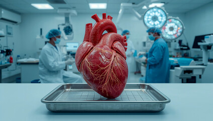 Anatomically correct heart on surgical tray in lab