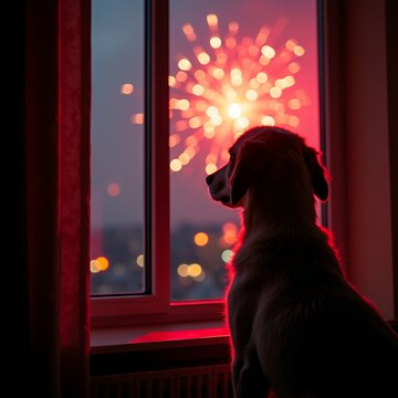 Hund schaut das feuerwerk zu silvester an neugieriger hund von hinten darf raketen vom fenster aus beobachten firecracker new year's eve firecracker holiday celebration background design firew