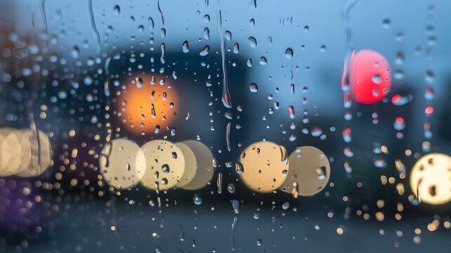 Raindrops on glass with blurred city lights creating a bokeh effect in the background at night time