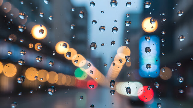 Raindrops on glass with blurred city lights and traffic creating a bokeh effect in background