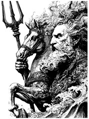 Vintage Engraving of Poseidon with Horse and Trident — Mythology Ocean God Illustration, Retro Etching Art