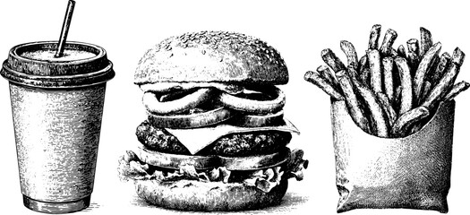 Vintage Engraved Fast Food Set Vector — Burger, Fries and Soda in Retro Etching Style, Black and White Illustration
