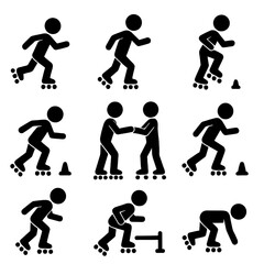 A diverse collection of black silhouette and multi-colored icons depicting people performing various activities and tricks related to roller skating and inline blading.