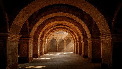 Obraz premium Dramatic interior arches bathed in light and shadow