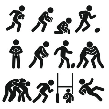 A comprehensive collection of black silhouette icons depicting male rugby players in various actions from the game.