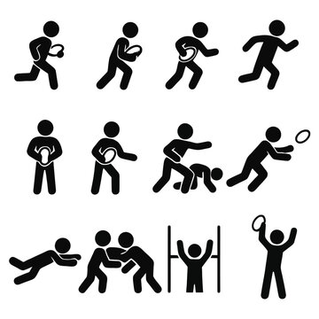 A comprehensive collection of black silhouette icons depicting male rugby players in various actions from the game.