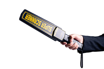 Hand holding a handheld metal detector scanner isolated on white background. Security inspection equipment for detecting metallic objects in airports, events, or restricted areas.