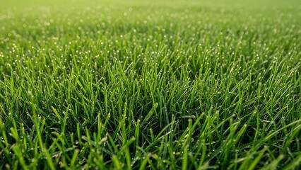 Fototapeta premium Close up of lush green grass with morning dew water drops
