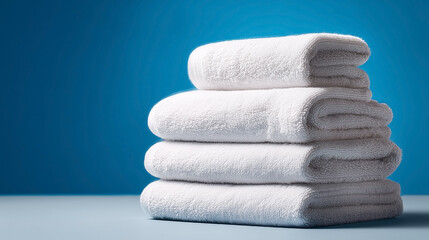 A stack of white towels on a blue surface