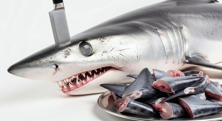 Shark with butcher knife and plate of sliced shark fins on white background. Studio still life photography. Finning and marine resource exploitation