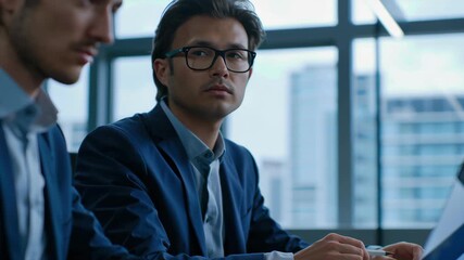 Focused teamwork business meeting office with laptop strategy technology collaboration corporate professional planning, data analytics growth chart presentation, finance analysis driving progress - Powered by Adobe