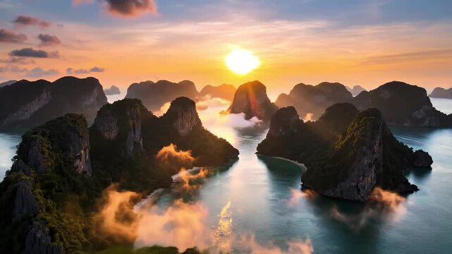 Halong Bay, Vietnam at sunrise with islands and water.