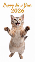 2026年の新年メッセージを載せやすい余裕のある白背景と飛び跳ねる猫のバランスが良い縦長カード. 生成AI