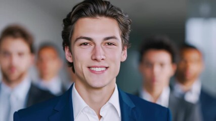 Portrait of confident young male businessman suit and tie, leadership and teamwork focus modern office hallway, professional group soft blur, corporate people unity vibe, energetic business scene