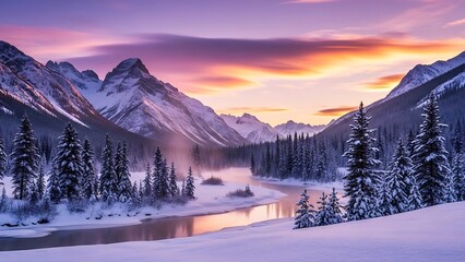 Fototapeta premium Winter Wonderland - Majestic Mountains and Snowy Landscape at Sunset.