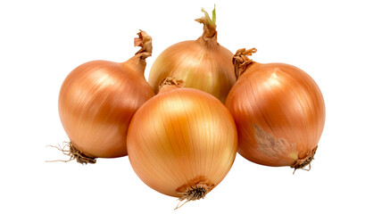 Group of Golden Brown Onions with Roots and Sprouts on White Background bulbs yellow