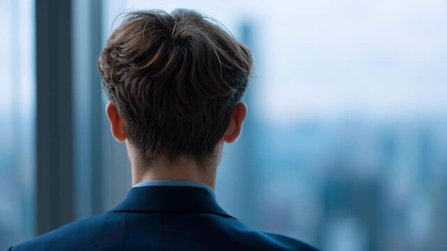 Man back view suit office window, city skyline blur corporate professional people scene modern urban setting, executive male with neat haircut and jacket collar, career ambition, focus, leadership
