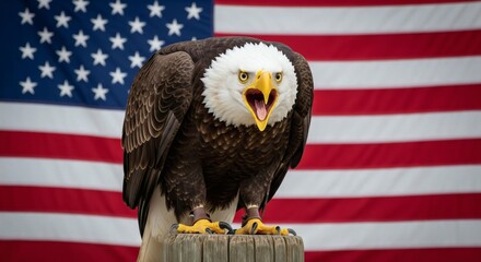 Bald eagle standing on wooden post in front of United States flag. Studio wildlife photography. National symbol and patriotism concept