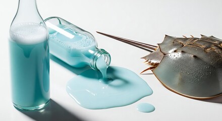 Horseshoe crab next to glass bottles with blue blood liquid spilled on white surface. Studio still life photography. Marine biology and science concept
