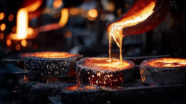 Molten copper being skillfully poured into molds at a bright foundry with sparks flying and glowing metal highlighting industrial craftsmanship.